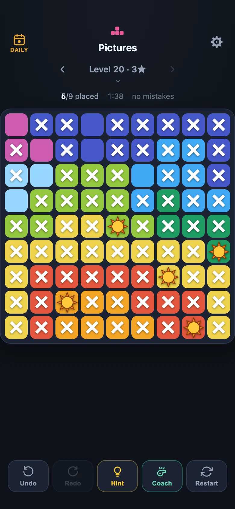 Sunoku on a phone: a nine-colour board part-way solved, five suns placed and four to go.