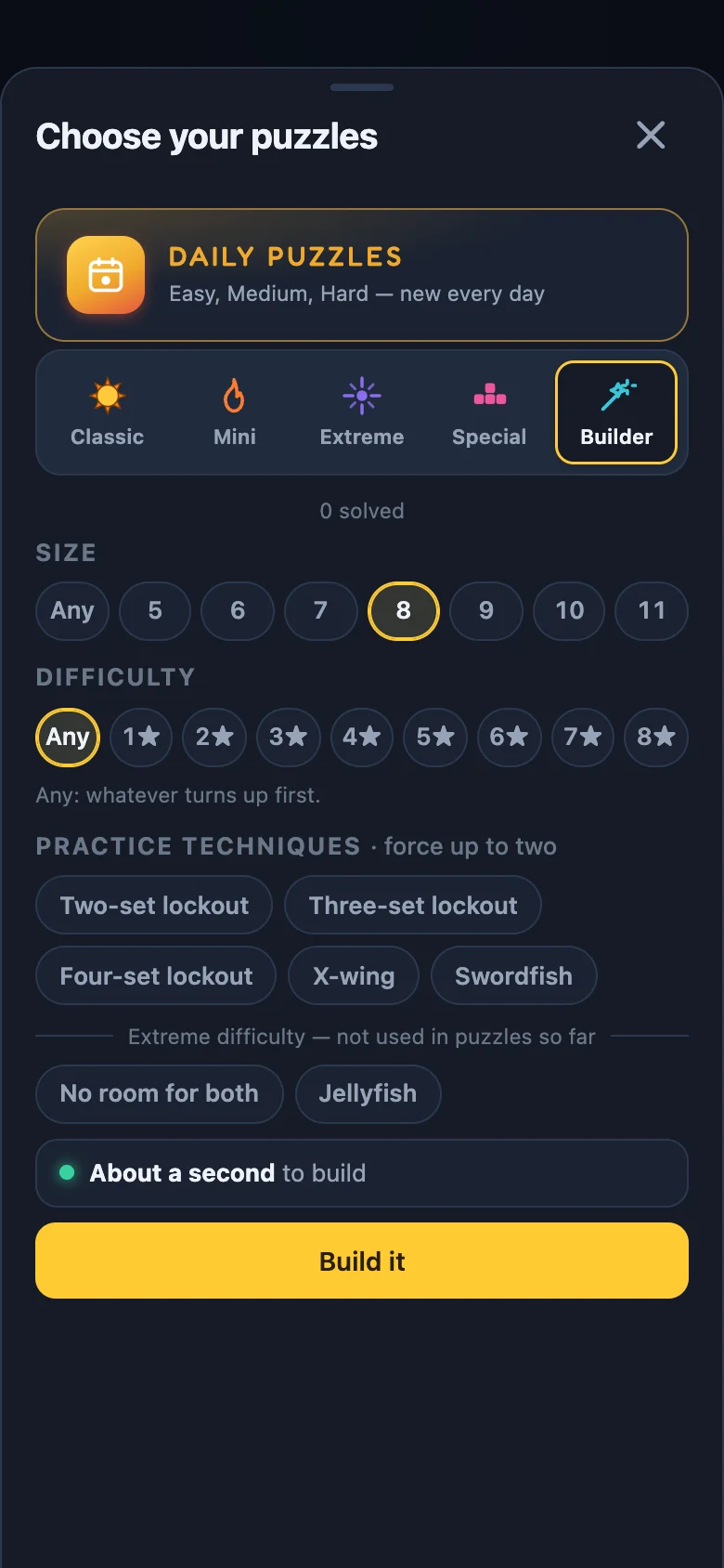 The Level Builder, asking for a board by size, difficulty and technique.