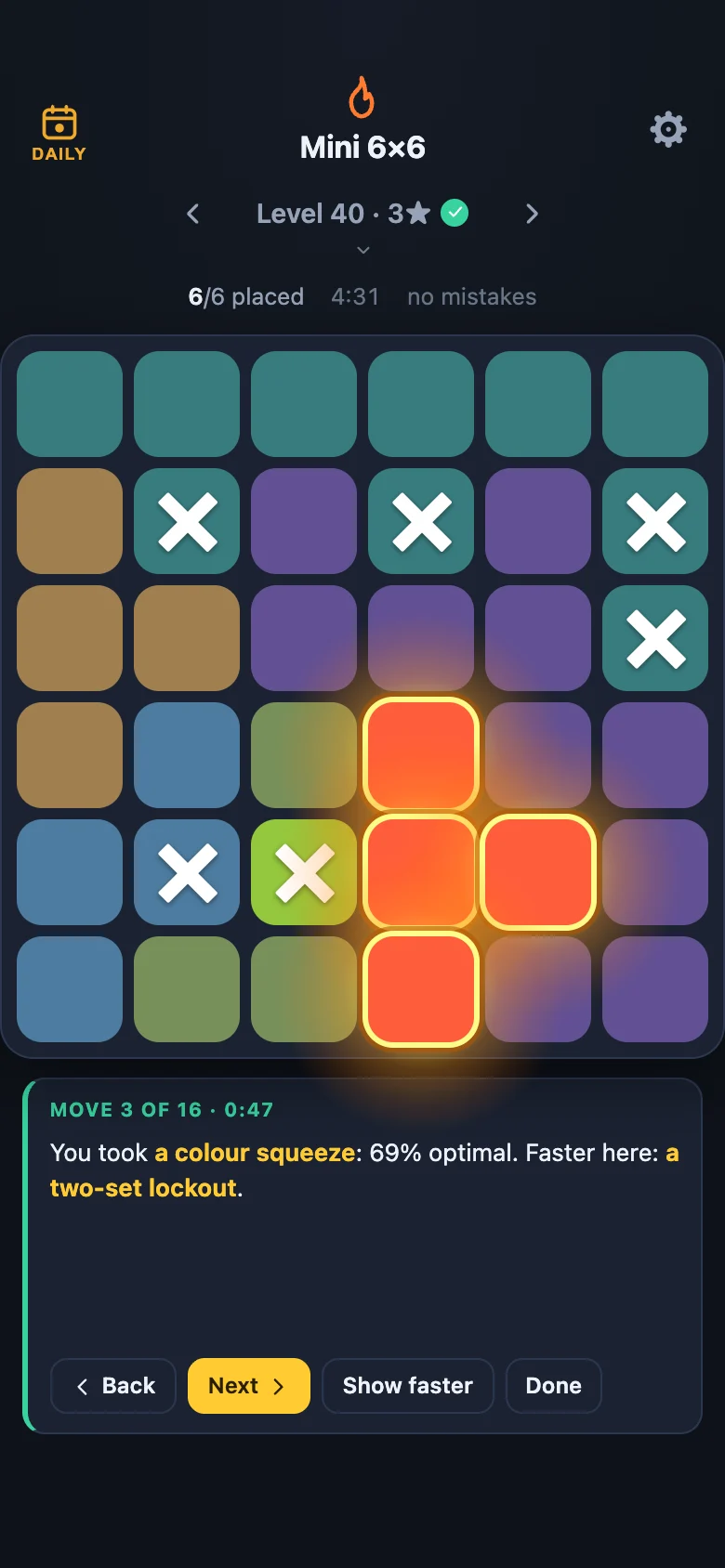 Review My Solve on a finished board: one of the player's moves lit, rated 69% optimal, with a faster move on offer.