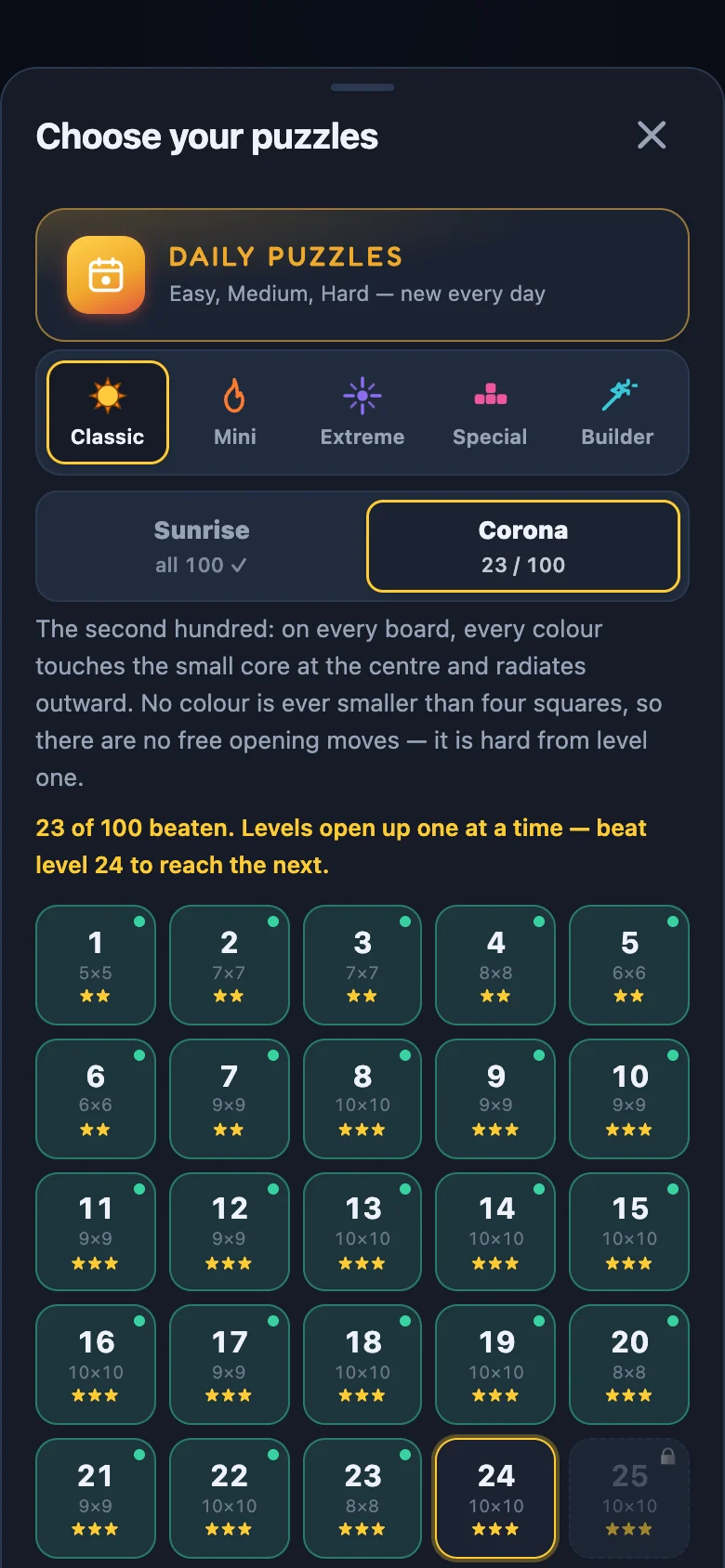 The level menu: the daily puzzles, four worlds and the Builder, and a set's hundred levels.